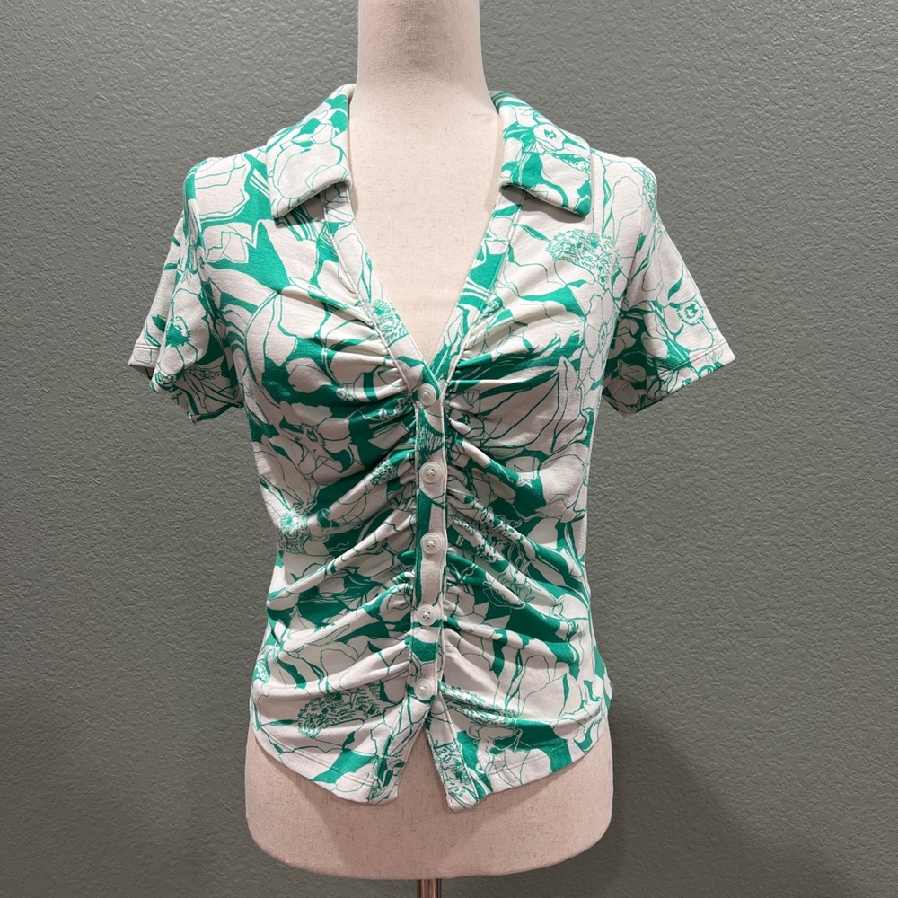 Anthropologie Maeve Women’s Medium‎ Ruched Blouse Green White Floral Collared
